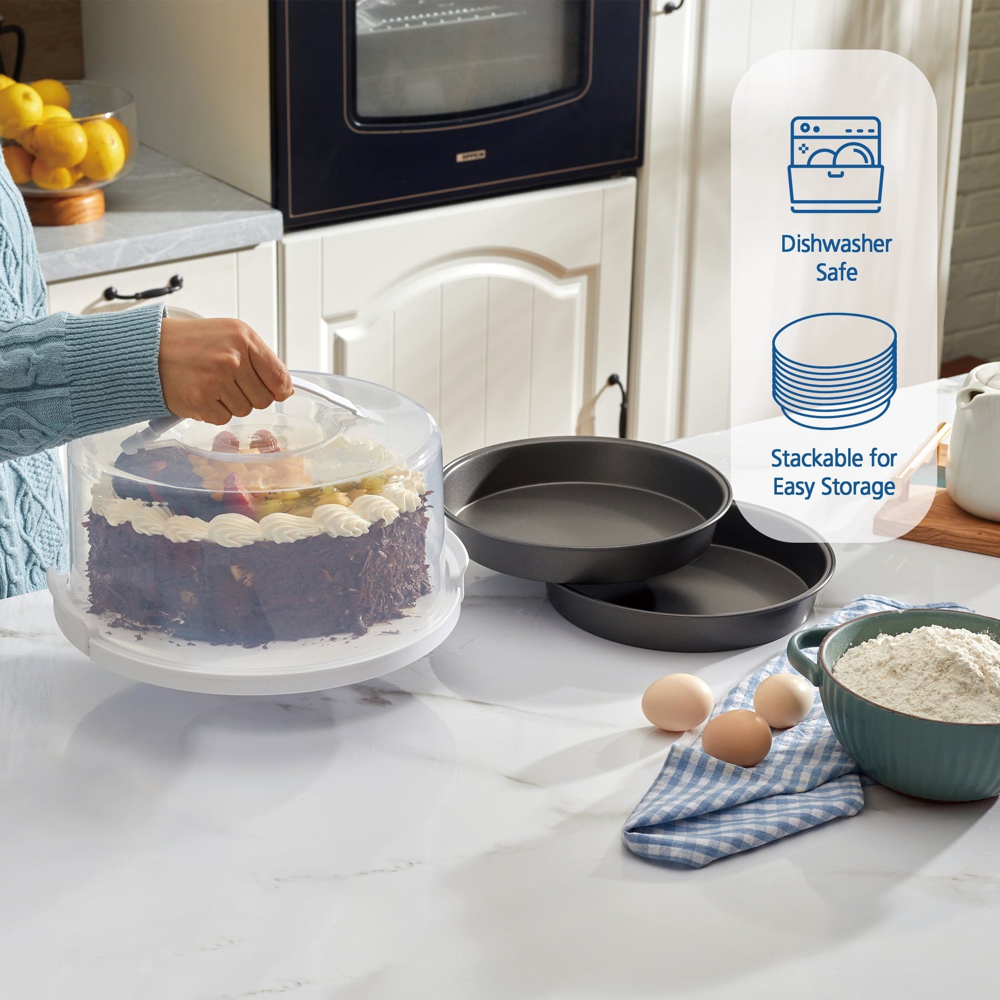 Mainstays 12 inch Clear Cake Carrier with 2pk 9 inch Gray Round Pans, Carbon Steel - Image 2