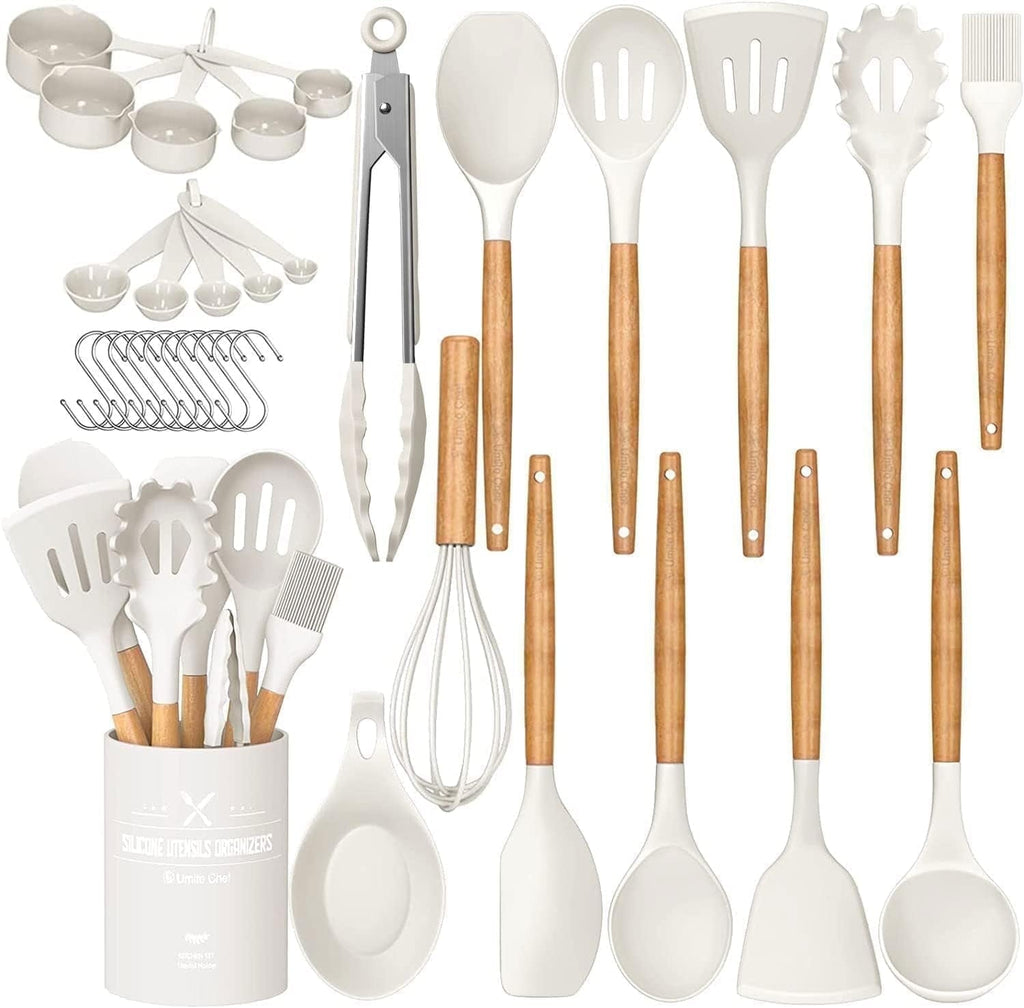 Kitchen Cooking Utensils Set, 33 pcs Non-stick Silicone Cooking Kitchen Utensils Spatula Set with Holder, Wooden Hand...